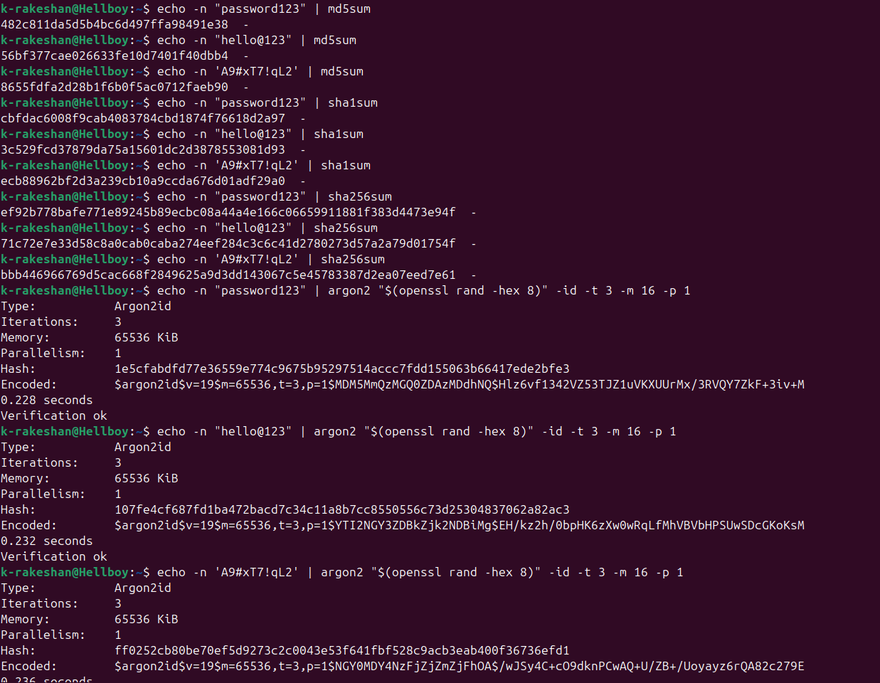 Commands used to generate sample password hashes.