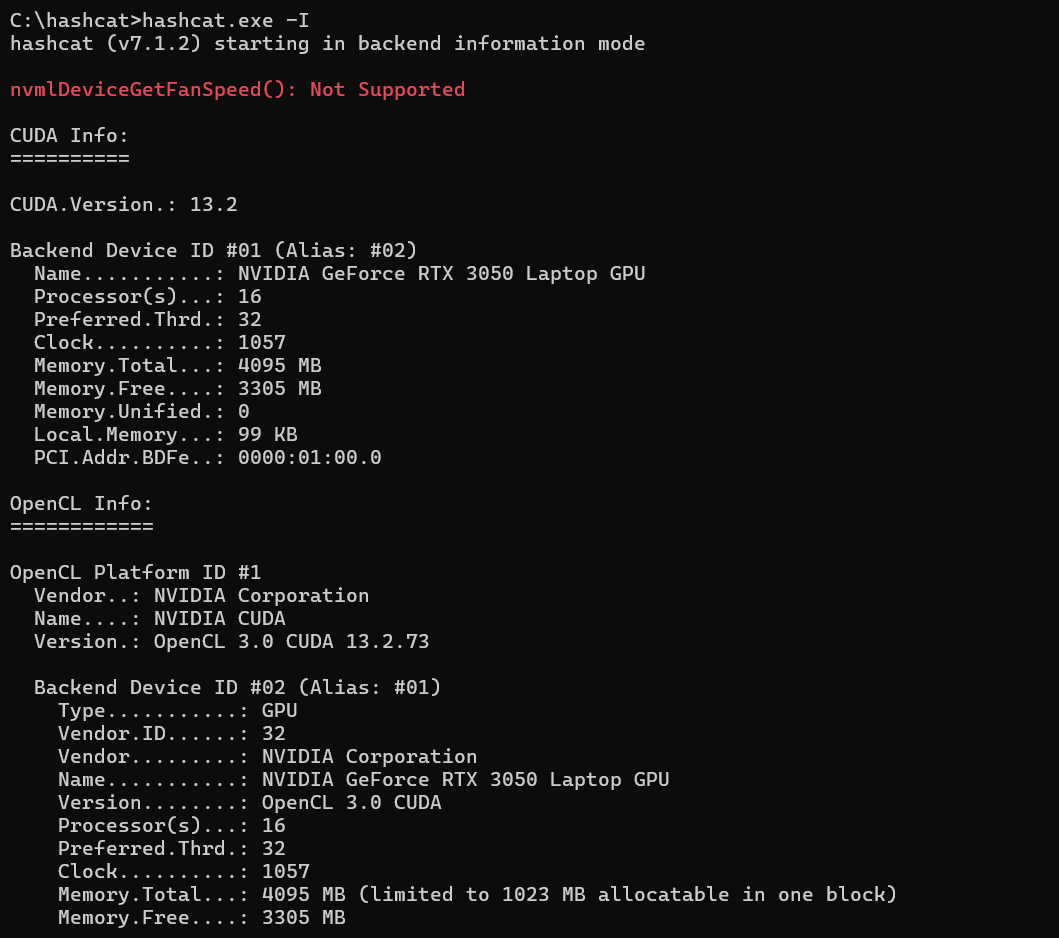 Hashcat detecting the GPU environment used for the controlled tests.